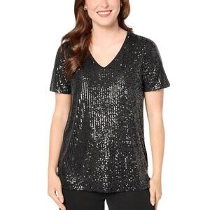 Jingle Belles by Kim Gravel Women's Sequin Front VNeck Top Black - Regular